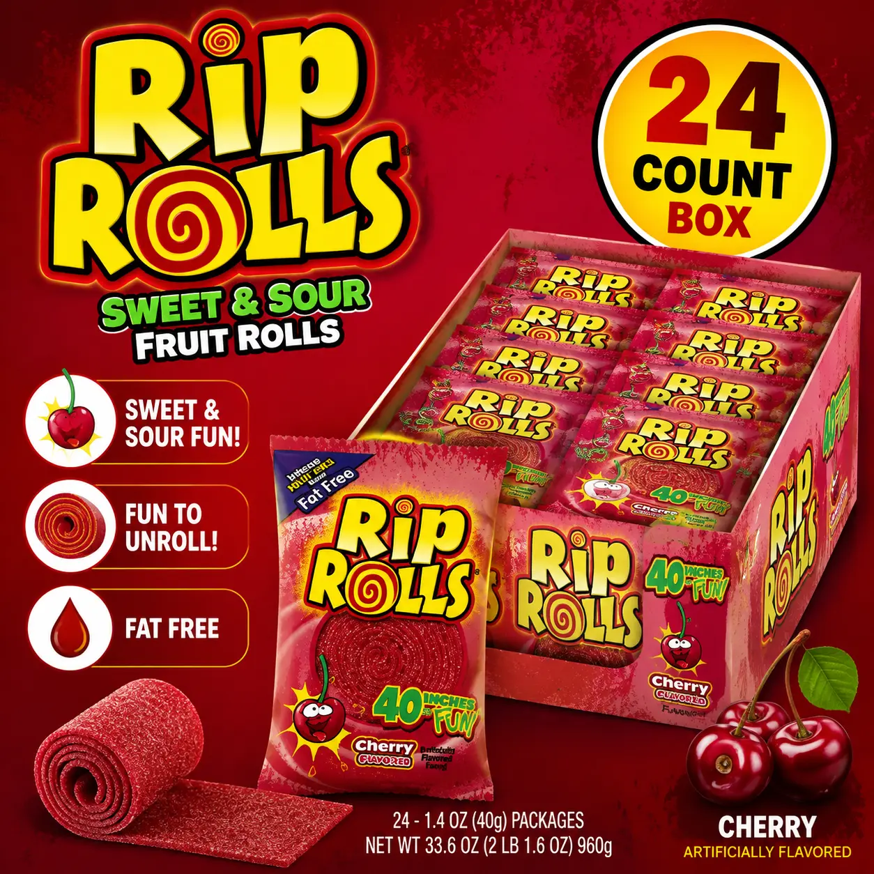 Rip Rolls Cherry Sweet and Sour Fruit Rolls 1.4 oz 24 Count Chewy Cherry Candy Strips
