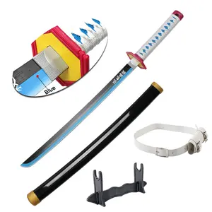 ELERVINO 31 inches Bamboo Wooden Demon Slayer Cosplay Sword Tomioka Giyuu Swords with White Belt & Holder Stand Display for Halloween Anime Role Playing Props Cosplay Collection Decoration Christmas Gift Birthday Decoration