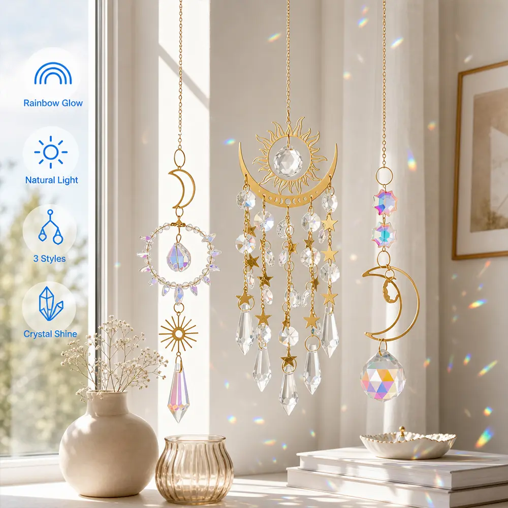 3-Pack Cute Sun and Moon Stained Glass Suncatcher Crystal Wind Chimes - Shiny Light-Refracting Prisms, Colorful Kitchen Window Decor, Christmas Tree Ornaments, Wedding Accent, Best Friend Gift for Mother's Day-Valentine's Day