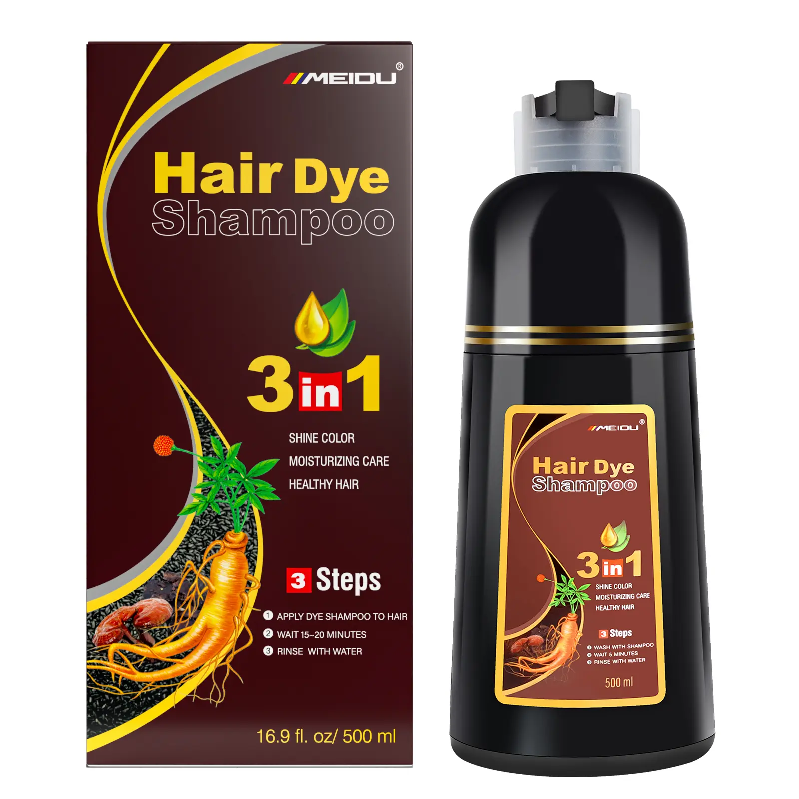MEIDU 3-in-1 Chestnut Dark Brown Hair Dye Shampoo for Adults - Herbal Ginseng Ingredients, Semi Permanent Color, Gray Hair Coverage, Plant-Based Haircare, Chestnut Brown,back to school