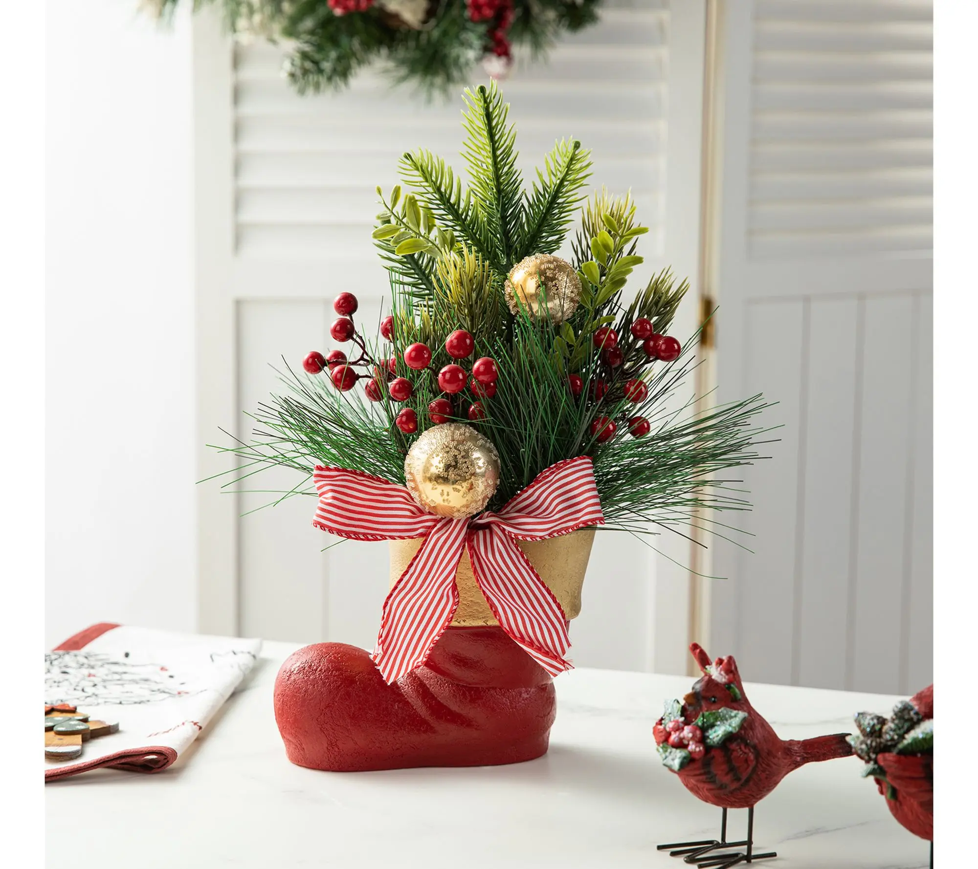 Glitzhome 14"H Pine Needle & Berry Christmas Boot Centerpiece Glitzhome 14"H Pine Needle & Berry Christmas Boot Centerpiece