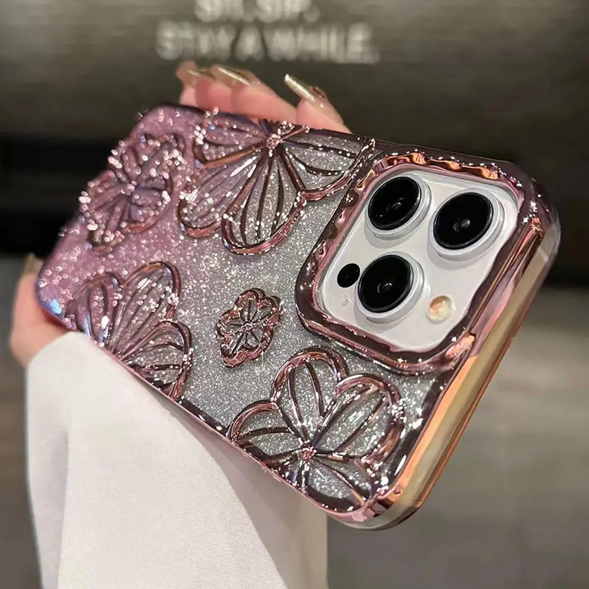 Glitter Hollow Out Design Phone Case, 1 Count Flower Pattern Anti-drop Phone Protector Cover, Phone Accessories Compatible with iPhone 11 12 13 14 15