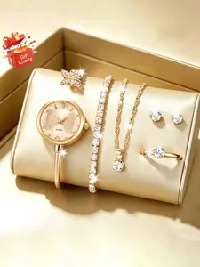 6-Piece Elegant Crystal Watch Set for Women, Includes Necklace, Bracelet, Earrings, Perfect Gift for Holidays and Birthdays