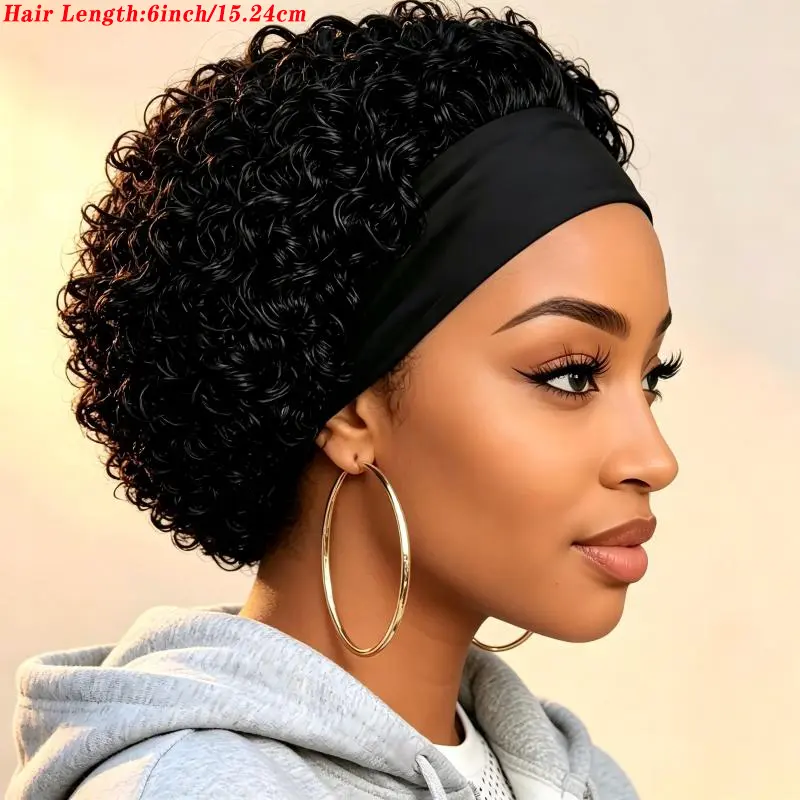 Headband Wig Human Hair For Woman Pixie Cut Wig No Glue Wig Short Curly Hair Headband Wig 200% Density Black Beginners Friendly,wigs
