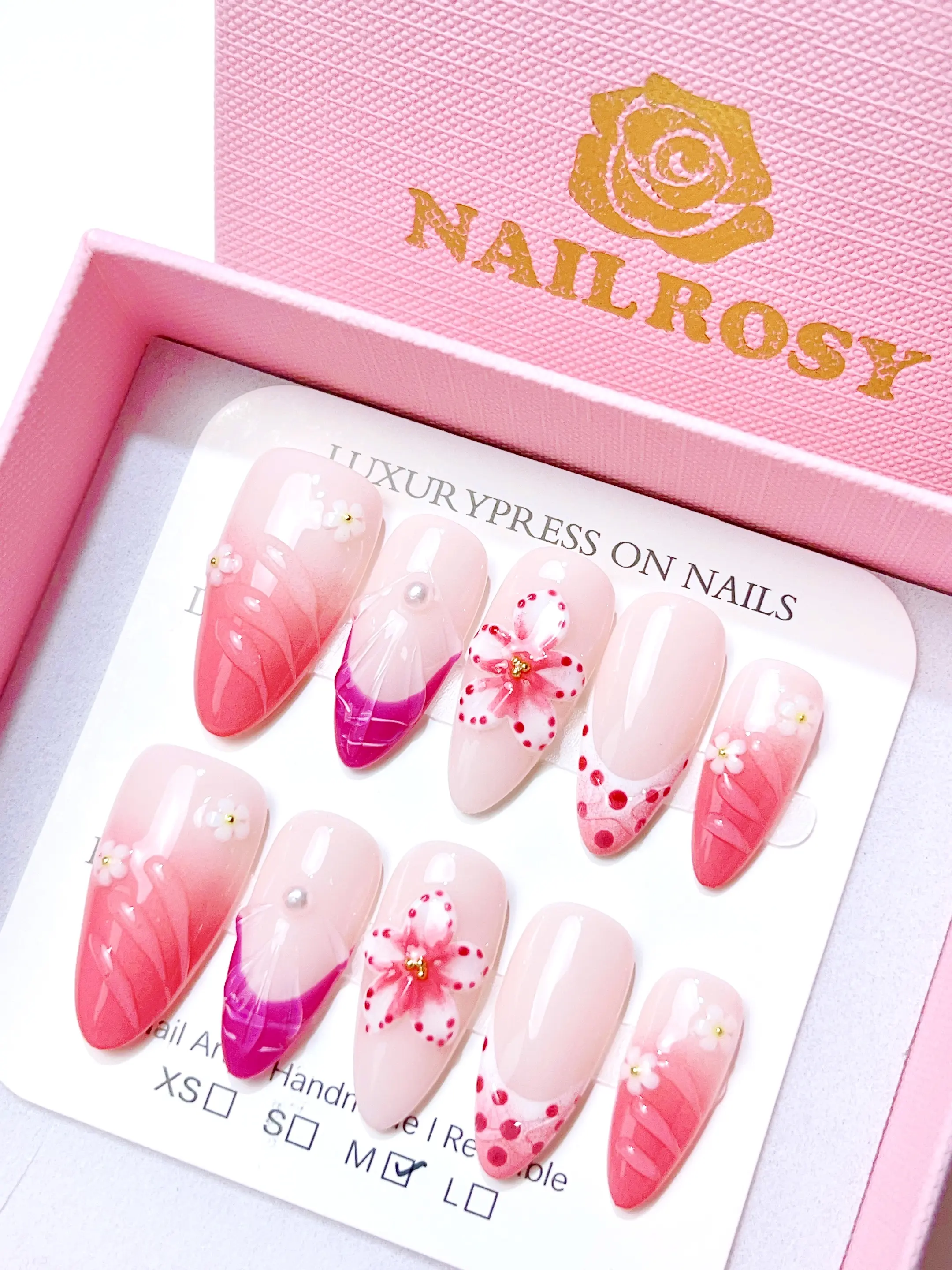 10Pcs Handmade Press on Nails Medium Almond Acrylic Beach Essentials Nail Supplies Fake Nails Stickers  3D Floral Manicure Y2K Cute Suitable For Girls And Women Festivals Parties And Daily Wear Gems Stuff French Gems Stuff floral press-on nail Pink, Diy N