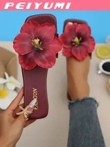 Women's Fashion Flower Decorated Sandals, Floral Design Sandals, Casual Beach Home Multifunctional Slippers, Summer New Arrival, Textile Upper, Rubber Sole