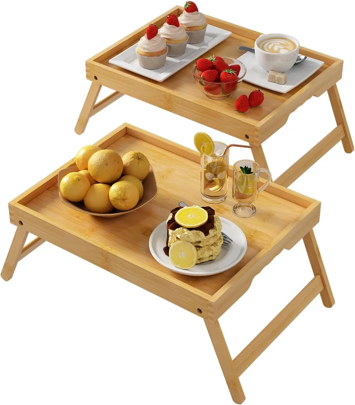 Bed Tray Table with Folding Legs, Bamboo Breakfast in Bed for Kitchen Serving Tray, Sofa, Eating, Used As Laptop Desk Snack Tray 2 Pack (Bamboo)