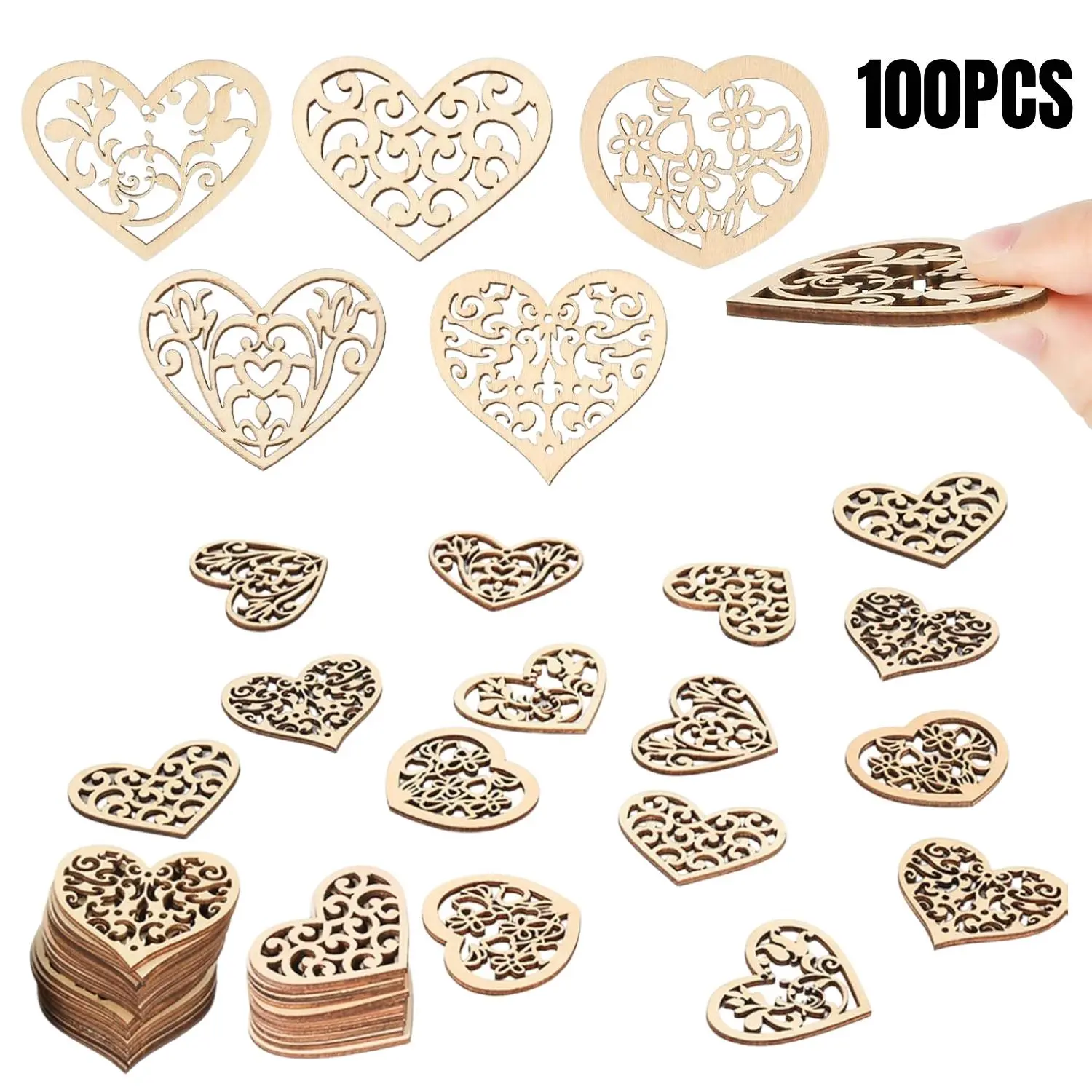 100PCS Assorted Wooden Heart Shapes, Smooth & Durable Cutouts for DIY Crafts, Weddings, Valentine's Day Decorations, Gifts & Photo Frames