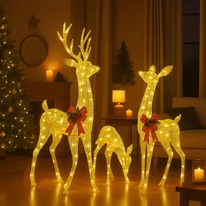 3-Piece Christmas Reindeer Family Set with LED Lights & Gold Glitters for Indoor Outdoor Holiday Decor