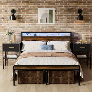 Queen Bed Frame with Storage Headboard,Metal Platform Bedframe with LED Light and Charging Station ,Farmhouse Bedroom Furniture, Large Under Bed Storage,No Box Spring Needed (Vintage Brown, Queen)