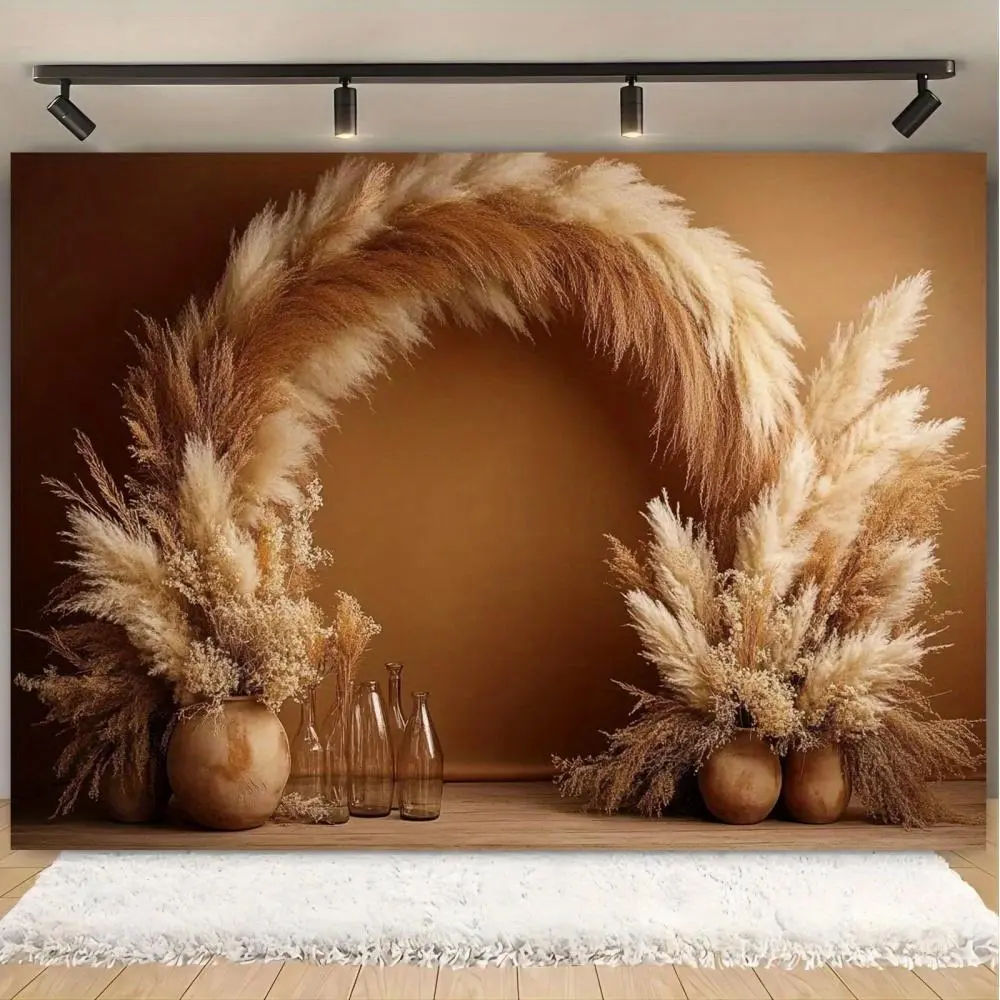 Bohemian Pampas Grass Wall Background Banner, Natural Beige and Brown Photography Background, Arched Backdrop, Boho Wedding Decor, Suitable for Wedding Party Decoration, Shower, Birthday Background, Ornaments, Wedding Arch Backdrop, Decoration Banners