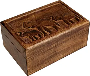 STORE INDYA Handmade Wooden Treasure Box Antique Chest for Jewelry Keepsake Elephant Design with Trinket Holder Lock Watch Box 9x6x6 Inches Eco Sustainable Mango Wood