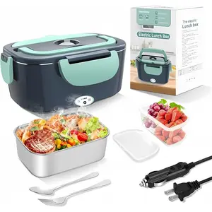 Electric Heated Lunch Boxes Adults: 80W Electric Lunch Box Food Heated 12/24/110V 1.5L Heatable Lunch Box for Car/Truck/Office Leak-Proof Stainless Steel Container, Fork & Spoon, Bag
