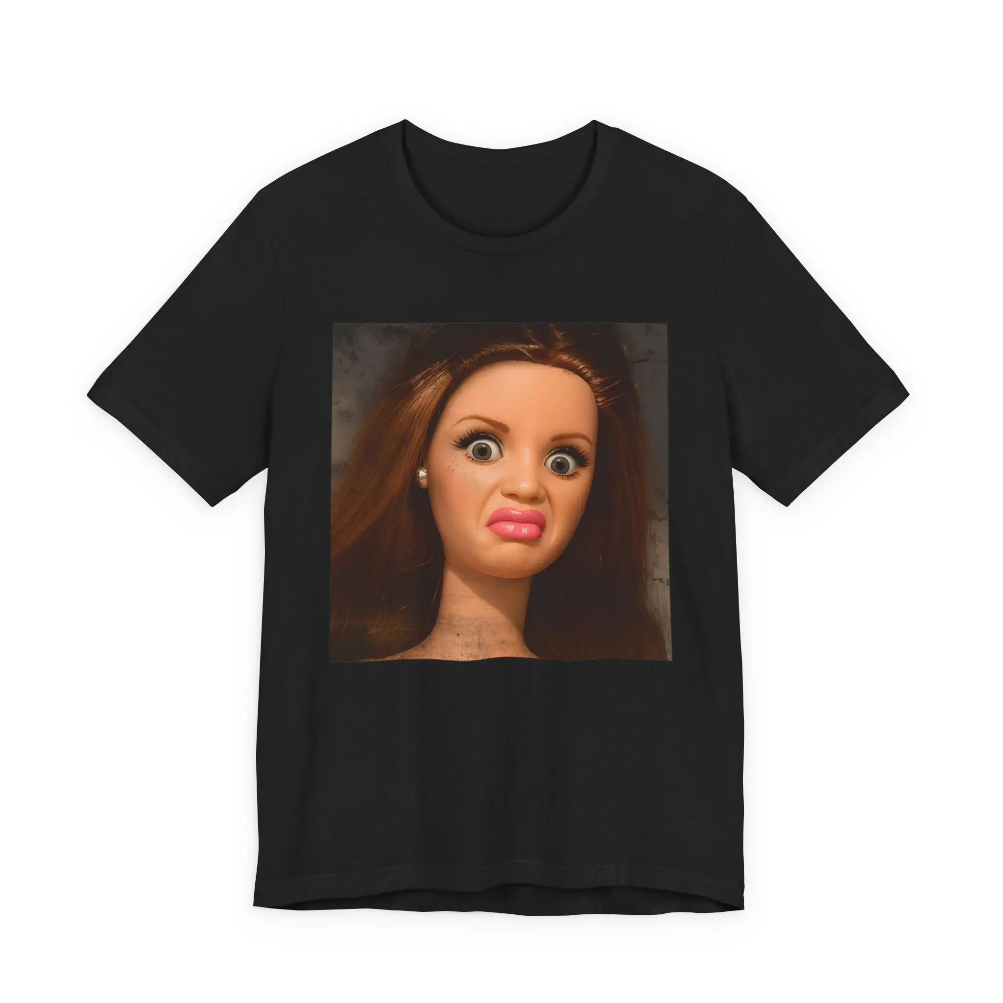 Unisex Disgusted Doll Face Meme Print Cotton Crewneck T-Shirt - Ribbed, Casual, Moody, Unhinged, Breathable Men's Tops - Short-Sleeve Gag Gift for Birthday, Valentine's Day