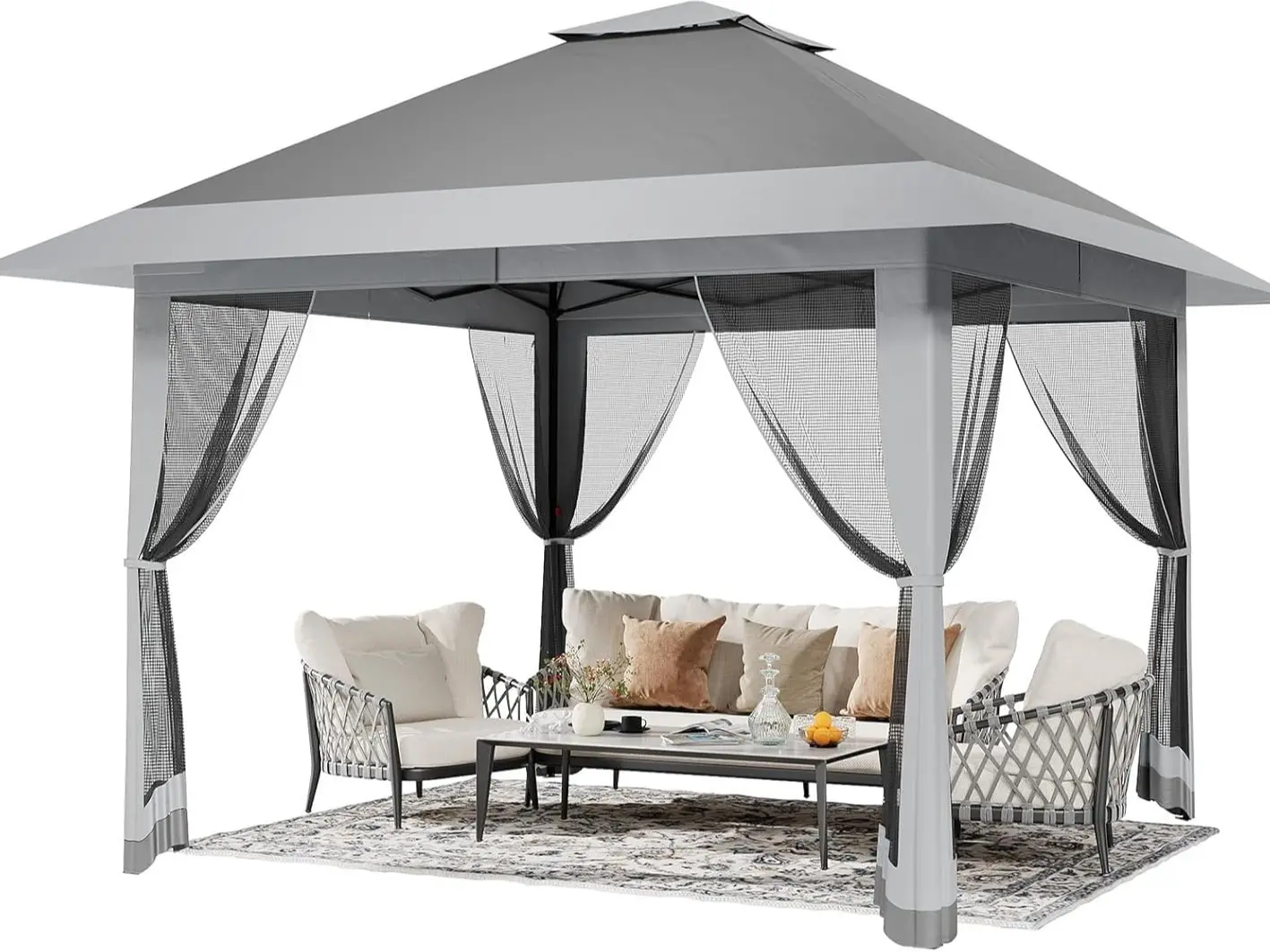 Garvee 13x13 Pop Up Metal Frame Canopy, Outdoor Steel Frame Sun Shelter with Mesh Netting, Double Vented Roof, Adjustable Heights, Easy Setup Waterproof Party Tent for Backyard & Patio, Sturdy Khaki Metal Structure,summerwins