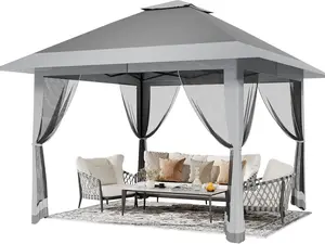 13X13 Pop Up Gazebo,Outdoor Canopy  with Mosquito Netting, Double Vented Roof Sun Shelter with Adjustable Heights,Outdoor Gazebo for Backyard & Patio Furniture log cabin grill hardtop Sturdy Khaki Metal garage top  shelter party tent waterproof screen