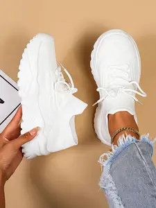 Women's Summer 2024 Fashion Sportive Plain Color Lace Up Sneakers, Casual Comfortable Sports Low Top Sneakers, Trendy Mesh Breathable Shoes for Daily Life