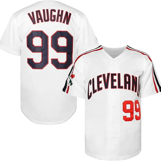 Ricky Vaughn 99 Movie Sporty Men's Letter & Figure Patched Button Short Sleeve Sports Jersey, Sport Loose Breathable V Neck Top for Baseball Athletic Top Sportswear Clothing