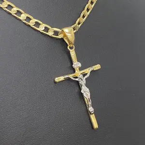 Gold Plated Cross Necklace for Men with Cuban Link Chain 24"