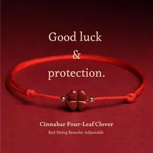 Red string bracelet with Cinnabar Four-Leaf Clover – Luck, Healing Jewelry, Adjustable, Gift for him & her