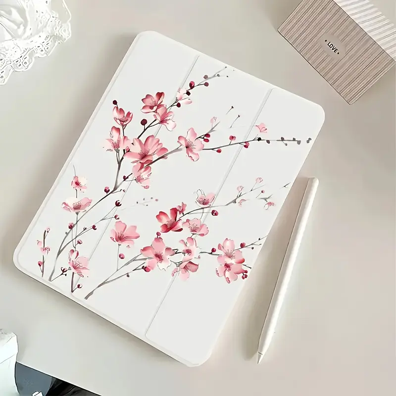 Pink Flower Tri-Fold Case for Apple iPad 9/10, Air 5, 11 A16 - Transparent Shockproof Protective Cover with Pencil Holder & Stand (Compatible 2021-2020 Models)