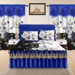 Royal Floral Elegance 5-Piece Sheet & Curtain Set California King Size with Royal Blue White and Black Accents for Luxurious Bedroom Transformation