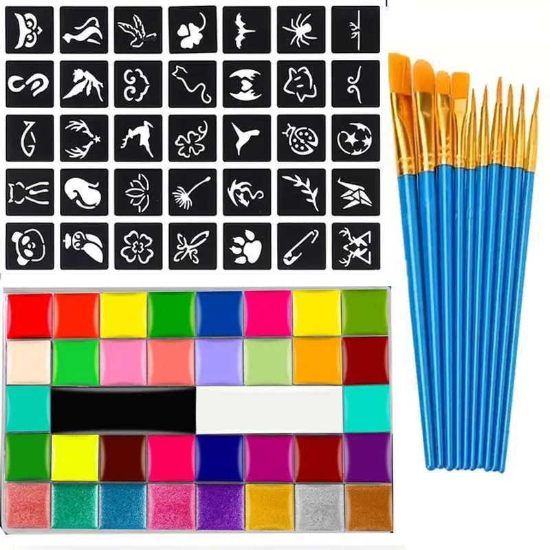 36 Color Watercolor Paint Set + Brushes + Templates, Professional Non-Toxic Face & Body Cosmetics Makeup, Body Art, Easy Clean, Ideal for Stage Performances, Carnival, Halloween