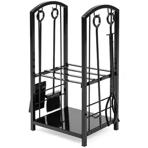 Heavy-Duty 2-Tier Firewood Rack with 4-Piece Tool Set – Decorative Indoor/Outdoor Log Holder for Fireplace & Fire Pit