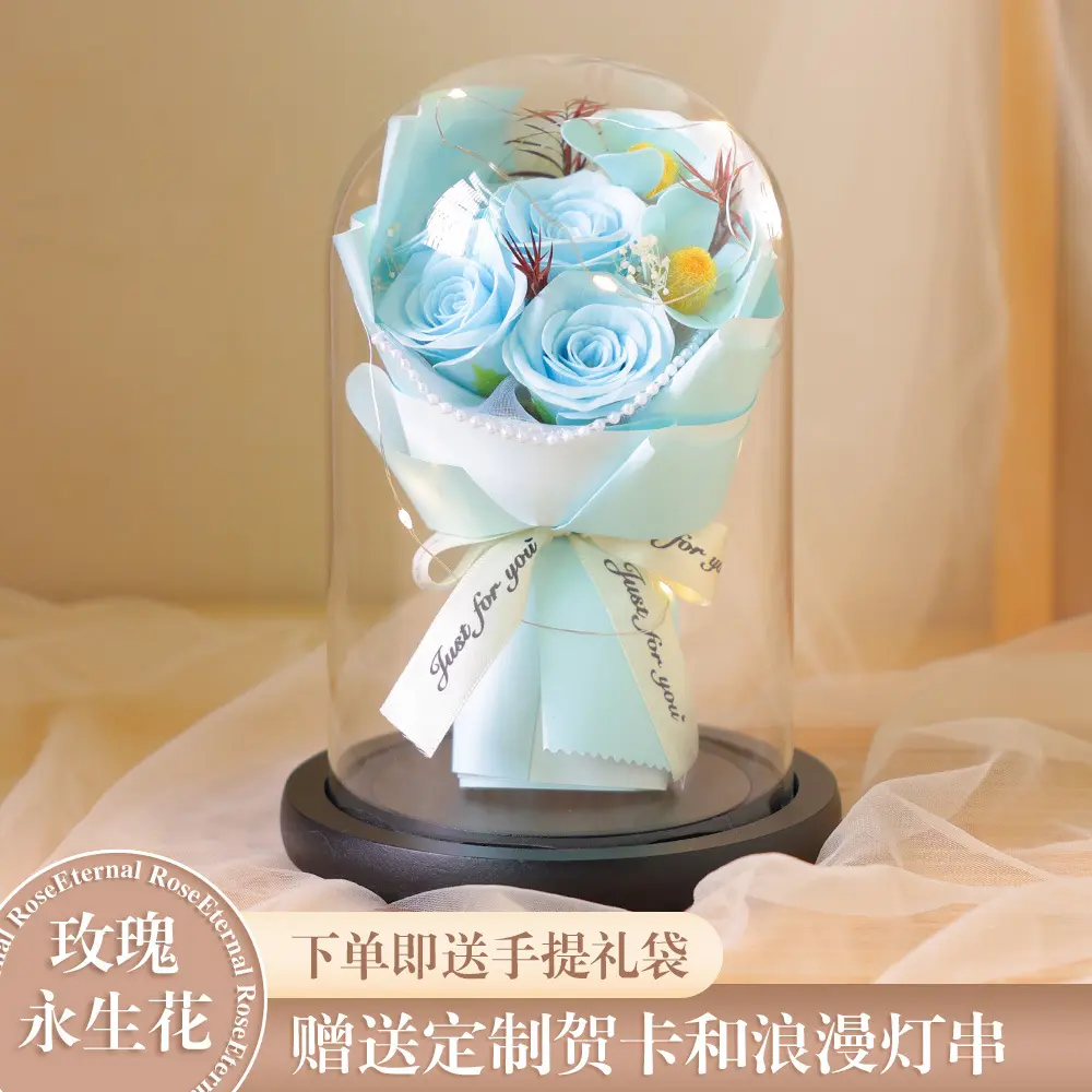 Preserved Rose Glass Dome, Light Blue Rose & Daisy, LED Light, Gift Bag & Card Included