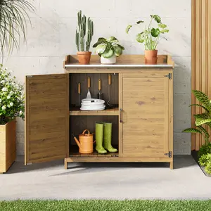 GIZOON Outdoor Potting Bench with Metal Tabletop & Adjustable Shelf, Large Storage Cabinet for Garden Tools, Magnetic Doors, Fir Wood Construction, Ideal for Backyard & Patio