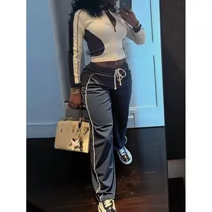 Women’s Two-Piece Striped High-Waist Drawstring Pants Set with Zipper