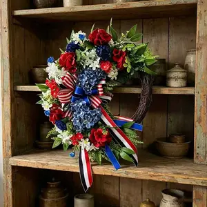 Elegant Blue Hydrangea Patriotic Wreath, Mixed Bouquet with Striped Bow, Rustic Memorial Day and Veterans Day Porch Decor, Independence Day Decoration