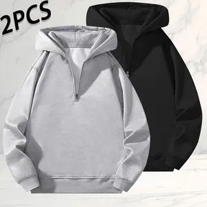 2-Pack men's solid-color half-zipper hooded sweater, light and mature style casual and simple style, soft and breathable fabric, skin-friendly and comfortable, semi-open zipper design is exquisite and practical, hooded design is casual and versatile, the