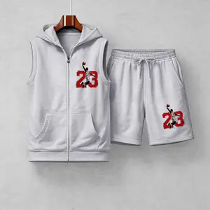 Men's 23 Basketball Player Graphic Sleeveless Hoodie Shorts Set 2 Piece Outfit Number 23 Dunk Print Zip Up Hooded Vest Drawstring Shorts Summer Casual Gym Workout Streetwear Breathable Lightweight Athletic Lounge Set