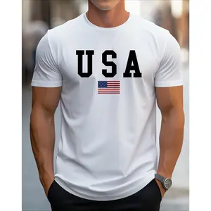 Men's Patriotic USA Flag Print   T-Shirt -    Crew Neck Short Sleeve, Slight Stretch Knit Fabric, Regular Fit All-Season Comfort,