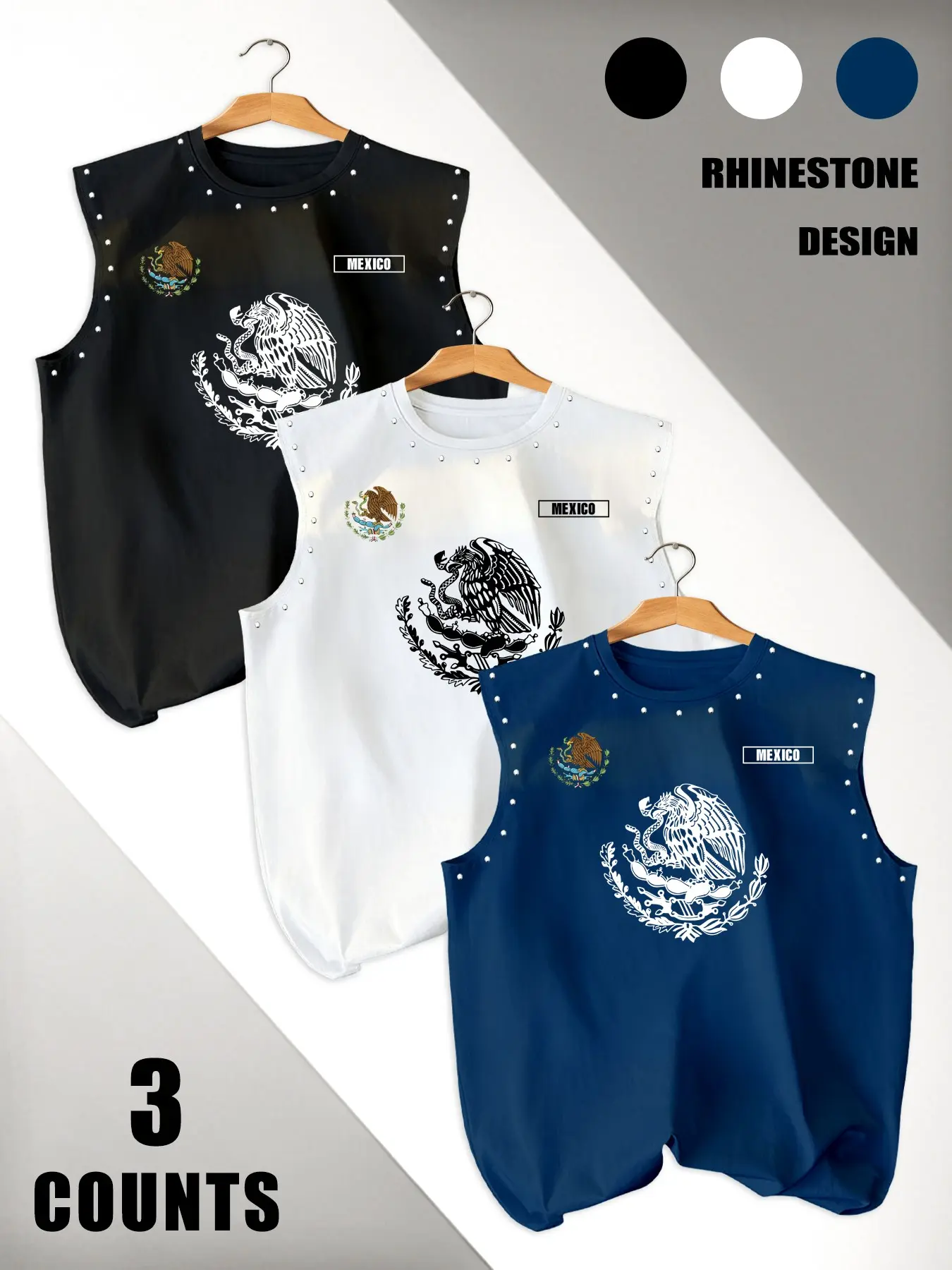 Men's Rhinestone Decorated 3-Piece Set, Loose Sleeveless Vest, Mexican Theme Graphic Print, Casual Daily Wear, Patriotic Gift
