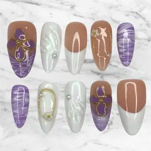 Nail Queendom[LAVENDER SWIRLS] Handcrafted 3D Press-On Nails Reusable Long Lasting Salon Quality Easy Application 10 Pieces Set Eco-Friendly 3D-gel Finish