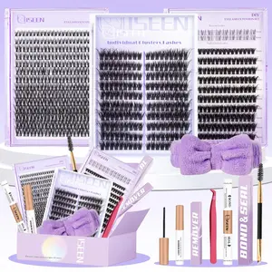 Mixed Length False Eyelashes Kit, Individual Lashes Kit, 3 Boxes Natural Soft False Eyelashes with Glue & Tweezers & Brush & Eyelash Remover & Wash Bottle & Bowknot Headband, Makeup