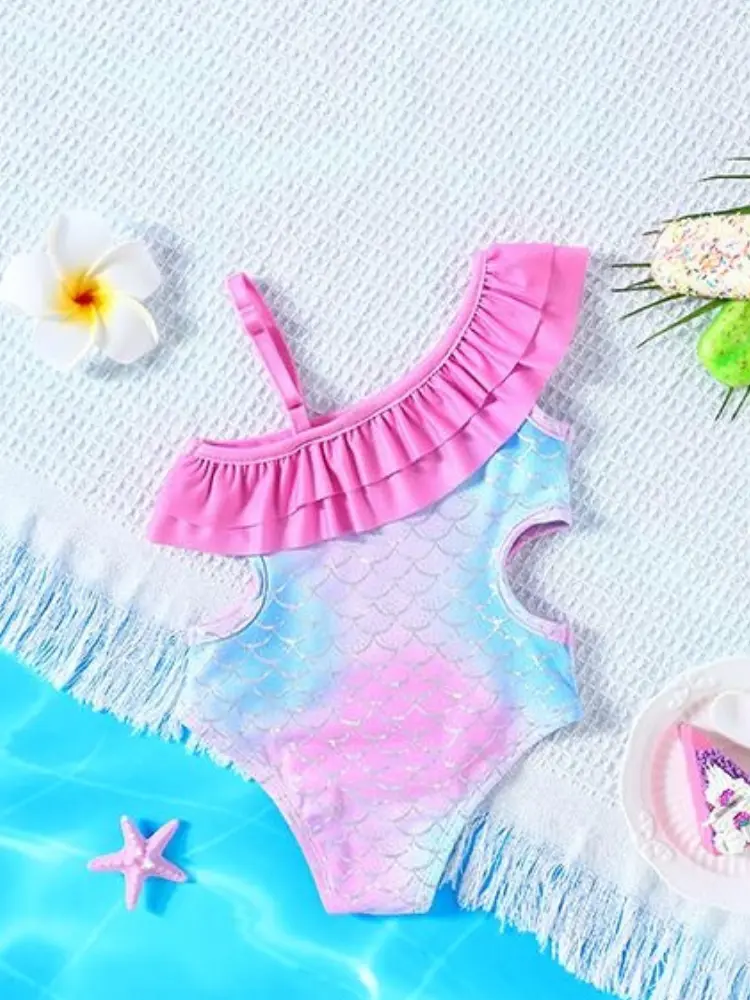 Girls' Baby Bodycon Fitted Mermaid 1-Piece Swimsuit - Quick-Drying Beachwear for 9 Months to 4 Years Summer Use