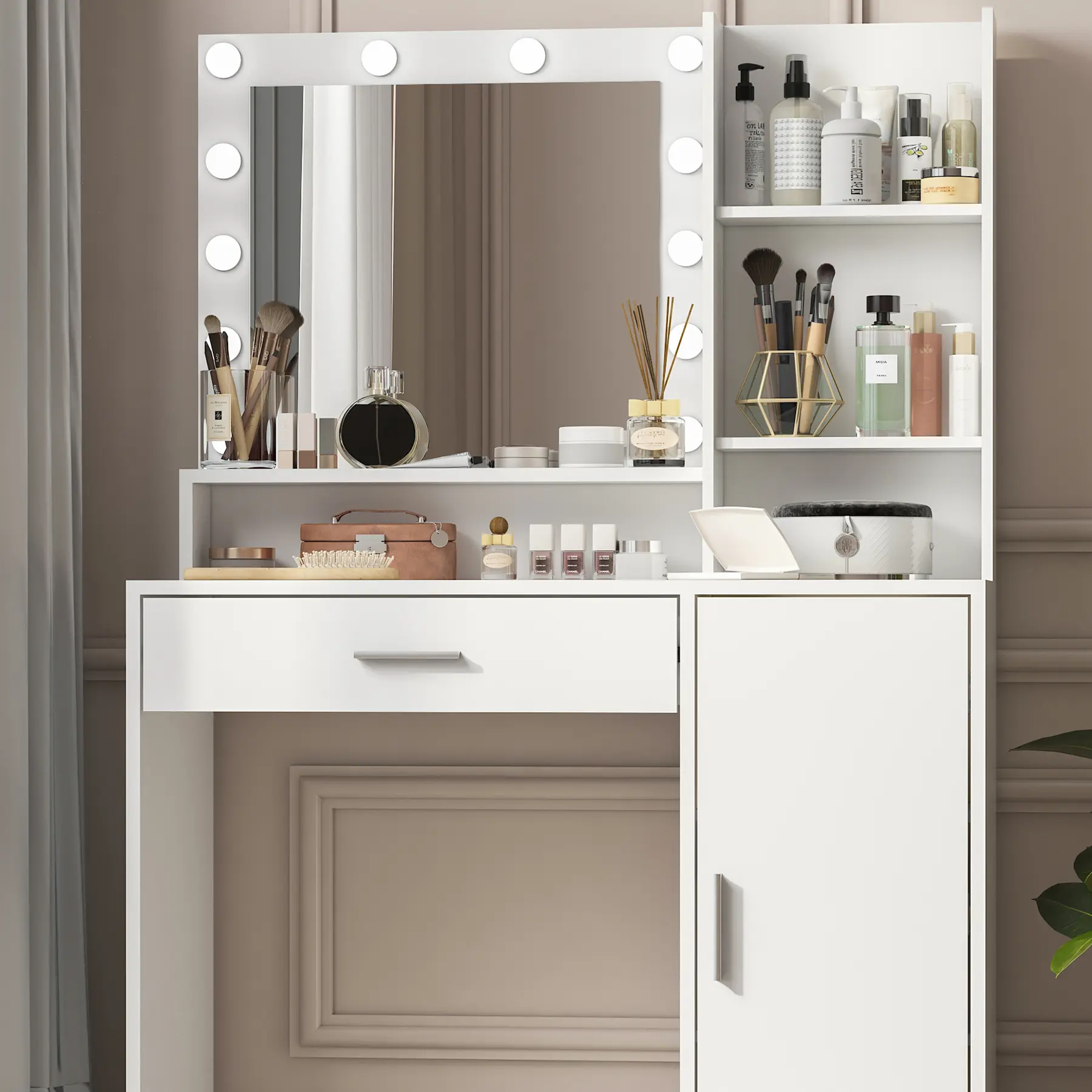 Dufominc LED Makeup Vanity Desk with LED Lighting, Power Outlet, Eco-Board Build, Sturdy Frame & Storage Stool – Bedroom Indoor Dressing Table Furniture, Minimalist Decluttering