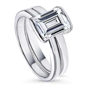 BERRICLE Sterling Silver Solitaire Wedding Engagement Rings Stackable Band for Women, 2.6 Carat Half Bezel Set Step Emerald Cut Cubic Zirconia CZ Ring Set