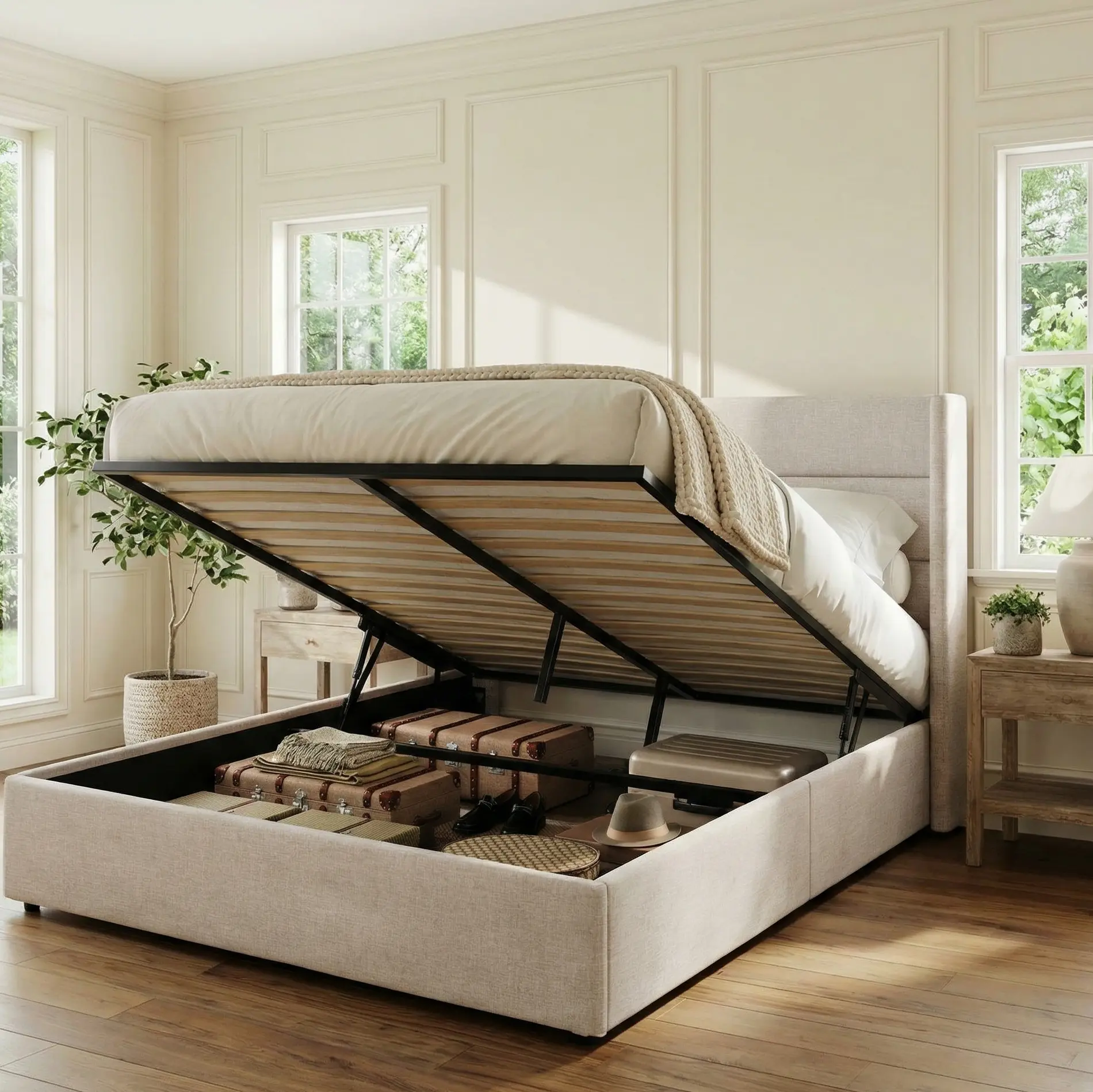 HOOMIC Lift-Up Storage Bed Frame【Frame Only No Mattress】- Modern Wingback Headboard with Hydraulic System & Upholstered Platform,Wood Slat Support,Light Beige/Grey/Yellow/Black/White,No Box Spring Needed,Full/Queen/King#SummerVibes