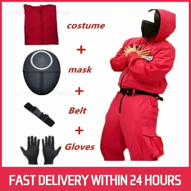 New Red Game Jumpsuit Cosplay Party Tracksuit Outfits Props Role Play Classic Costume From Korean TV Belt Full Mask Set