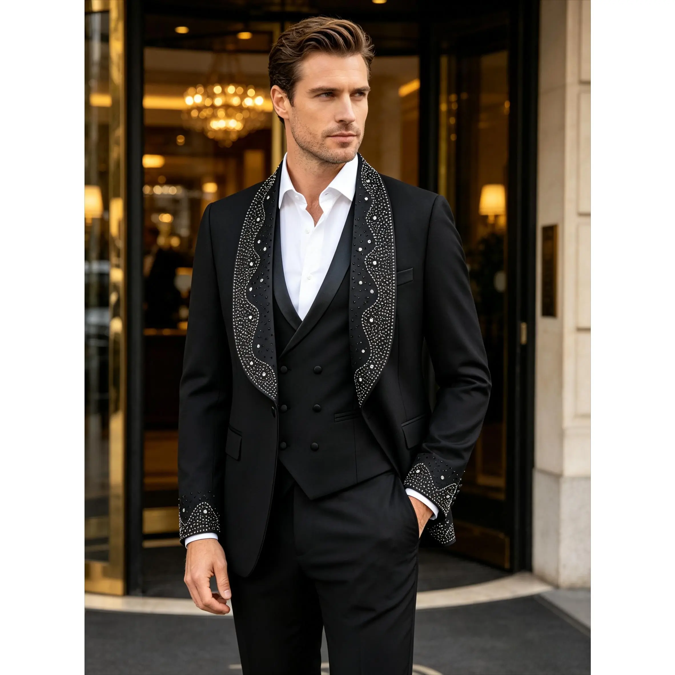 Men's 3-Piece Matching Tuxedo Set - Smooth Fabric Long Sleeve Blazer, Rhinestone Wave Lapel, Double-Breasted Vest, Straight Pants, Chic Retro Menswear Formal Wear for Weddings, Father