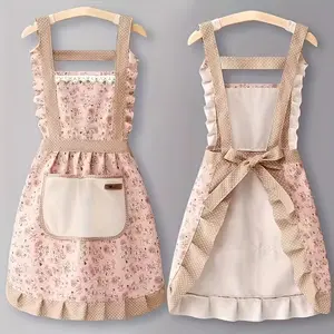 Floral Lace Princess Apron with Hand Wipe Pocket, Fashion Blue & Design, Ruffle Shoulder Straps, Polyester Canvas, Ideal for Kitchen Cleaning, Cute Ruffle Apron