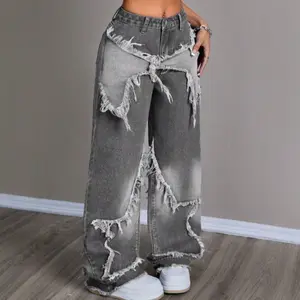 American retro star patchwork heavy-duty washed denim jeans, unisex, frayed hem, floor-length straight leg jeans.