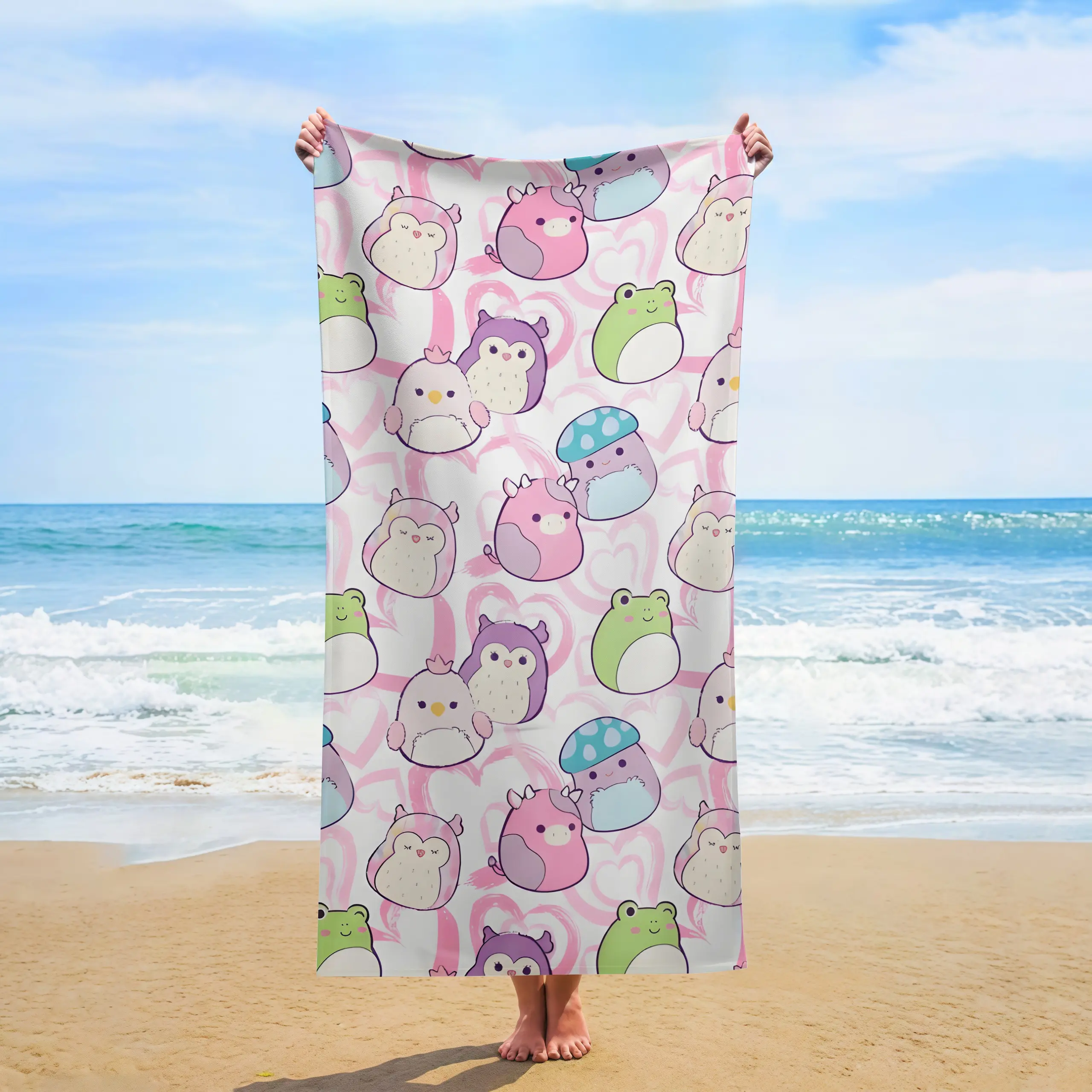 Cute Squishmallow All Over Print Beach Towel Pink Heart Pastel Soft Cartoon Quick Dry Towel Girls Summer Gift