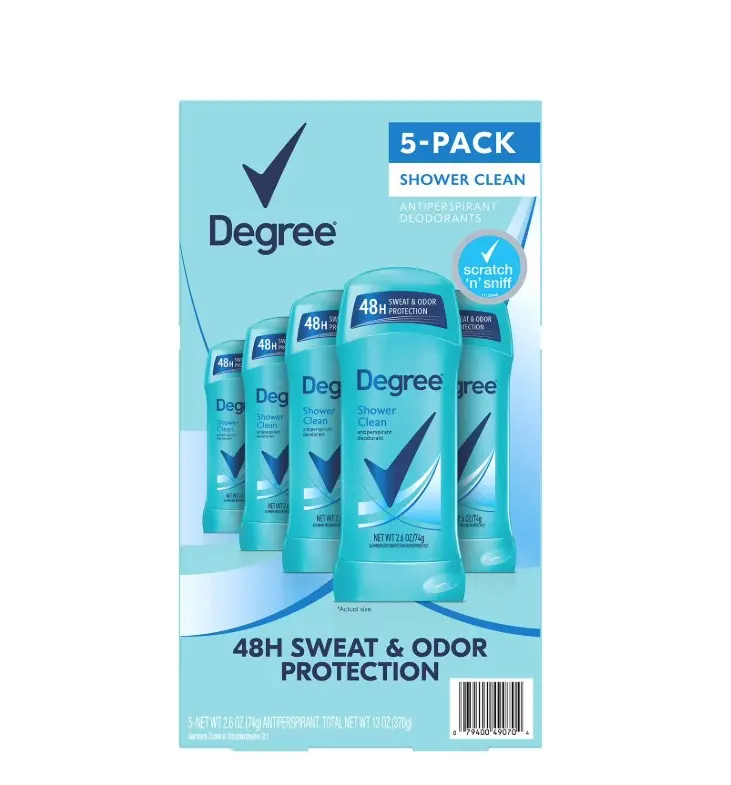 Degree Antiperspirant Deodorant Shower Clean 5-Pack 2.6 oz Sticks 48H Sweat & Odor Protection Freshness Shower Clean Fragrance