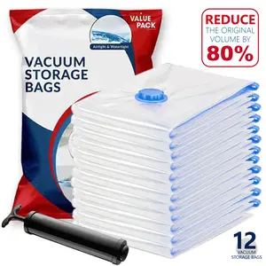 12 Pack Vacuum Storage Bags, Space Saver Bags (3 Jumbo/3 Large/3 Medium/3 Small) Compression For Comforters And Blankets, Sealer Clothes Storage, Hand Pump Included