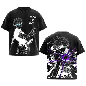 Gojo Satoru Limitless Technique Vintage Washed T-Shirt Nah I'd Win Iconic Quote Anime Tee Purple Infinity Energy Graphic Shirt Oversize Streetwear Anime Tee Jujutsu Sorcerer Power Aesthetic Design 100% Cotton Fabric